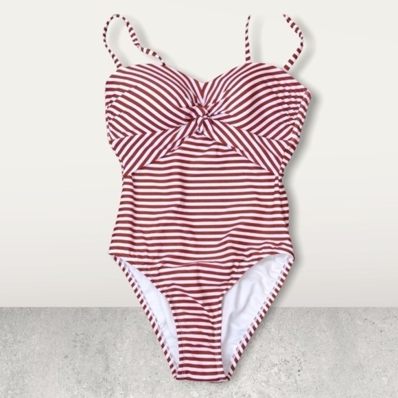 Kona Sol Twist Front Striped One Piece Swimsuit, Size Small - Red & White - Picture 1 of 8